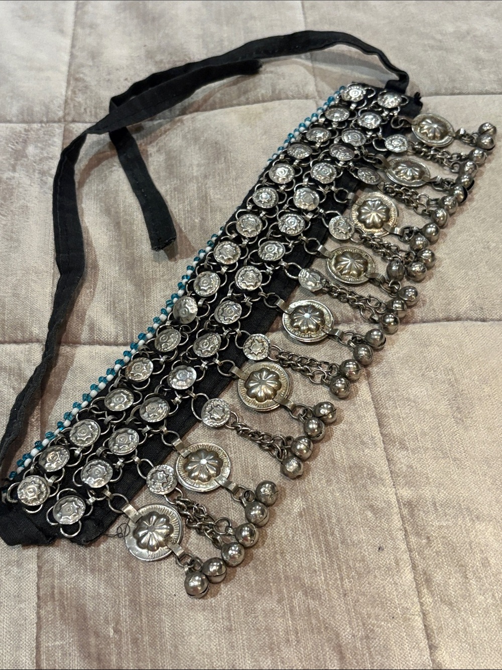 Vintage Black Belt with Silver Coin Medallions and Bead Trim 32” hand made